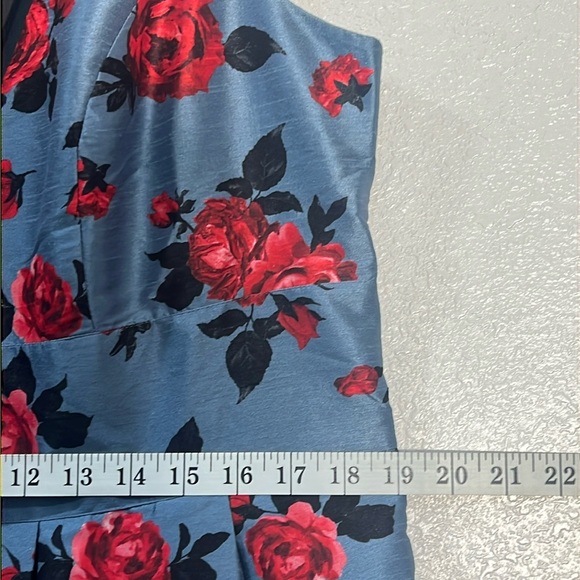 eShakti - Women's Blue Rose Pattern Dupioni Sleeveless Dress - Picture 11 of 12